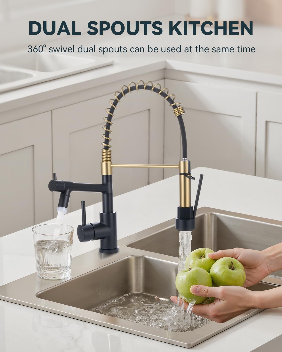 Warmiehomy 5 Modes Kitchen Taps Mixer with Pull Out Spray,High Arc 360° Swivel Dual Spout Pull Down Stainless Steel Kitchen Sink Taps,Brushed Nickel