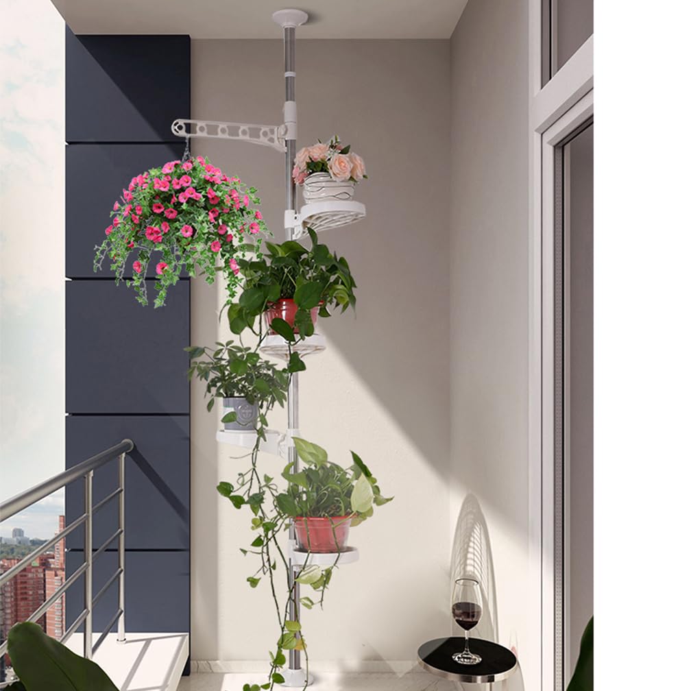 Hershii 5-Layer Indoor Plant Pole Spring Tension Rod Corner Flower Display Rack Adjustable Plant Pot Stand Holder Telescopic Floor to Ceiling Shelf