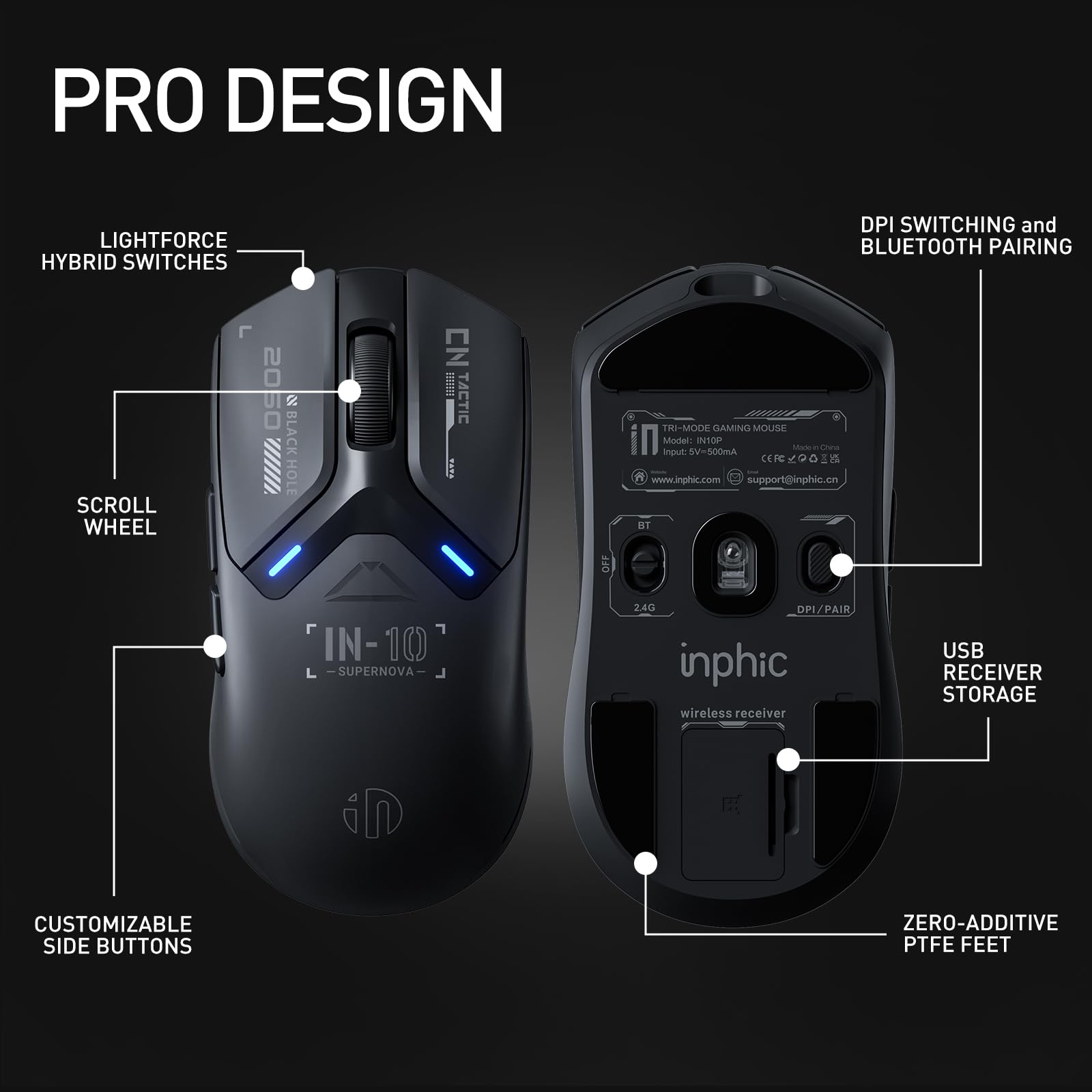 INPHIC IN10P Lightweight Wireless Gaming Mouse, Tri-Mode Wireless Mouse with Bluetooth/ 2.4G/ USB-C Wired, 60g Superlight, PAW3395 26K DPI Sensor, 8kHz Polling Rate, Fully Programmable, Black
