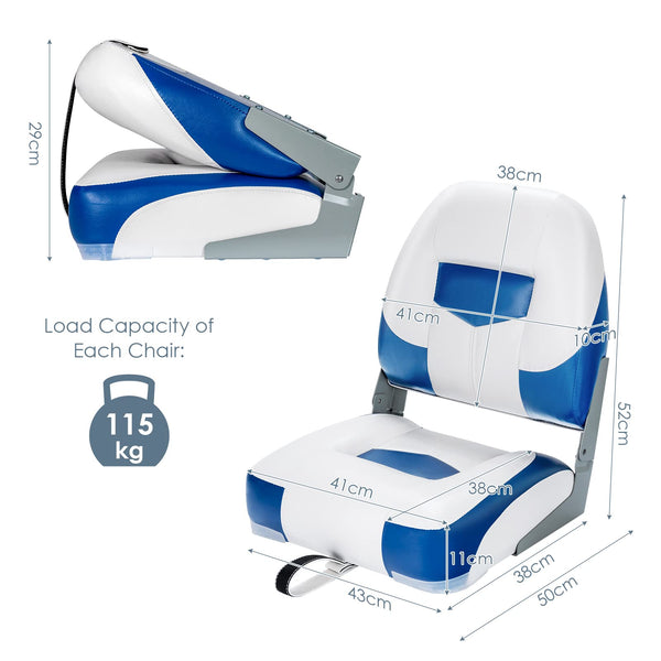 COSTWAY Set of 2 Foldable Boat Chairs, UV Weather Resistant Fishing Seat with Long Fixation Strap, Ergonomic Backrest and Thicken Foam, 50x43x52cm (Blue+White)