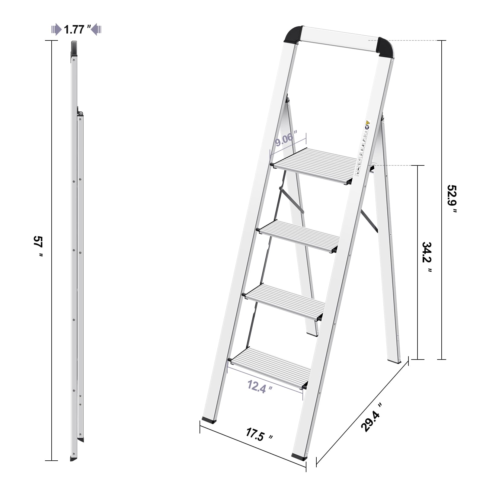 KINGRACK 2 Step Ladder with Handrail, Non-Slip Household Ladder with Folding Safety, Aluminium Folding Step Stool, Maximum Load 150 kg, Black