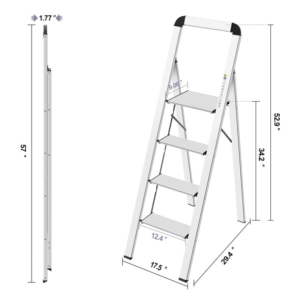 KINGRACK 2 Step Ladder with Handrail, Non-Slip Household Ladder with Folding Safety, Aluminium Folding Step Stool, Maximum Load 150 kg, Black