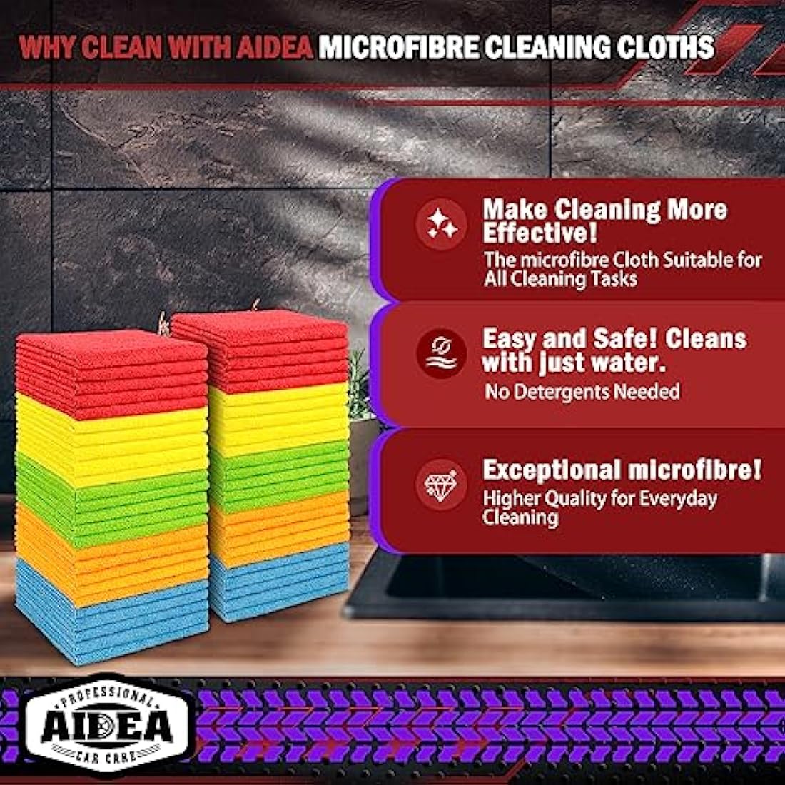 AIDEA Microfibre Cloths 100 Pack, Ultral Absorbent Lint-Free Washcloths Microfiber Cleaning Rags, All-Purpose Washable Car Cloth Wipes for Detailing, Office, Household Cleaning,30X30CM