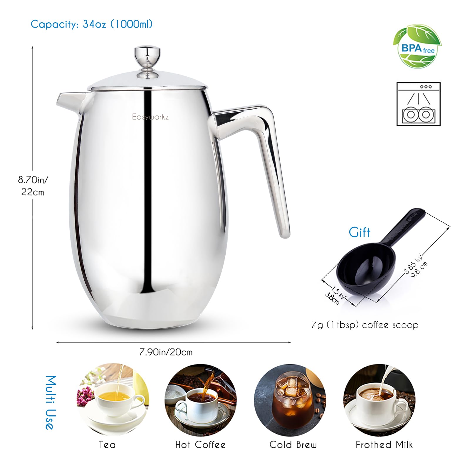 Easyworkz Nando Double Wall French Press Coffee Maker 1000ml Stainless Steel Insulated Thermal Cafetiere