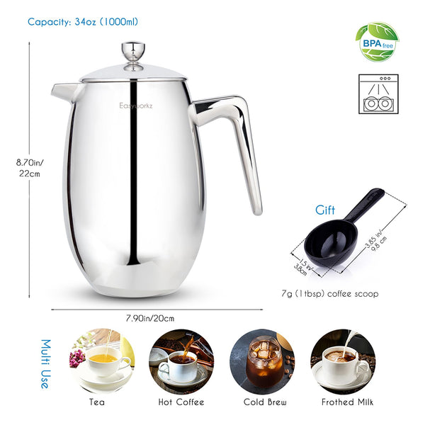 Easyworkz Nando Double Wall French Press Coffee Maker 1000ml Stainless Steel Insulated Thermal Cafetiere