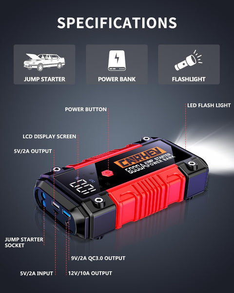 CARHEV 6000A Jump Starter Power Pack, Car Battery Booster Jump Starter (up to 10.0L Gas or 10.0L Diesel Engine), 12V Car Starter Power Bank with USB QC 3.0, Jump Pack With DC Output