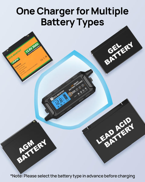 ECO-WORTHY 12V 10A LiFePO4 Battery Charger Automatic Smart and Maintainer (UK Plug) with LCD Display for Scooter Lead Acid and Lithium (LiFePO4) Battery