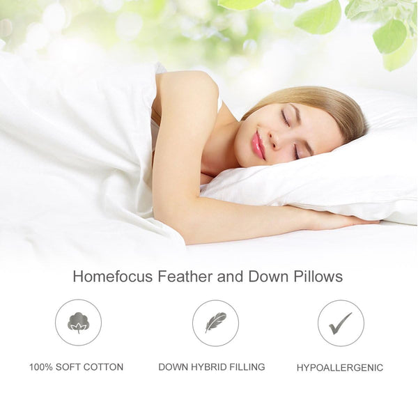 HOMEFOUCS Luxury Feather and Down Pillows, pack of 2 100% Cotton Shell, Soft Hotel Quality Pillows (30% Down)