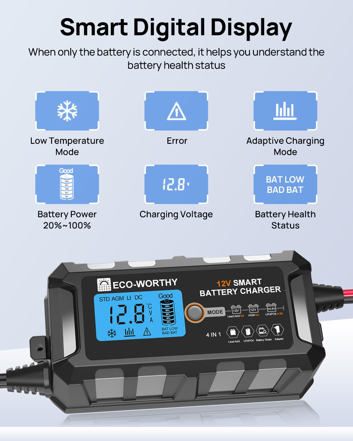 ECO-WORTHY 12V 10A LiFePO4 Battery Charger Automatic Smart and Maintainer (UK Plug) with LCD Display for Scooter Lead Acid and Lithium (LiFePO4) Battery