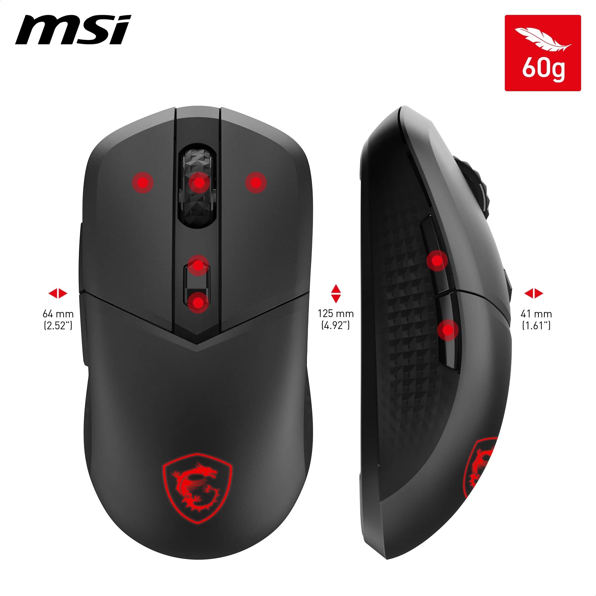 MSI CLUTCH GM51 LIGHTWEIGHT Gaming Mouse - 26000 DPI Optical Sensor, Elite 0.125ms Latency, 60M+ Click OMRON Switches, 6-Buttons, FriXionFree Cable, RGB Diamond LightGrips, 75g - Wired