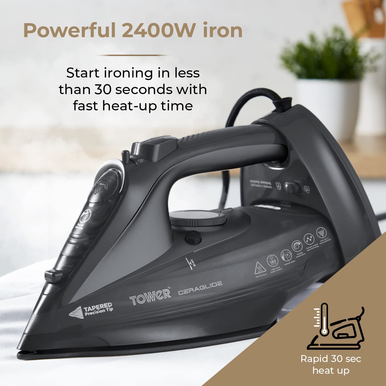 Tower T22008 CeraGlide Cordless Steam Iron with Ceramic Soleplate and Variable Steam Function, 2400 W, Purple