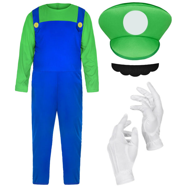 Aomig Mario Costumes, 4 Pack Mario Cosplay Costume Accessories Kits with Bodysuit, Luigi Hats Cap, Mustaches, White Gloves, Mario Luigi Bros Fancy Dress Outfit Costume for Women Men