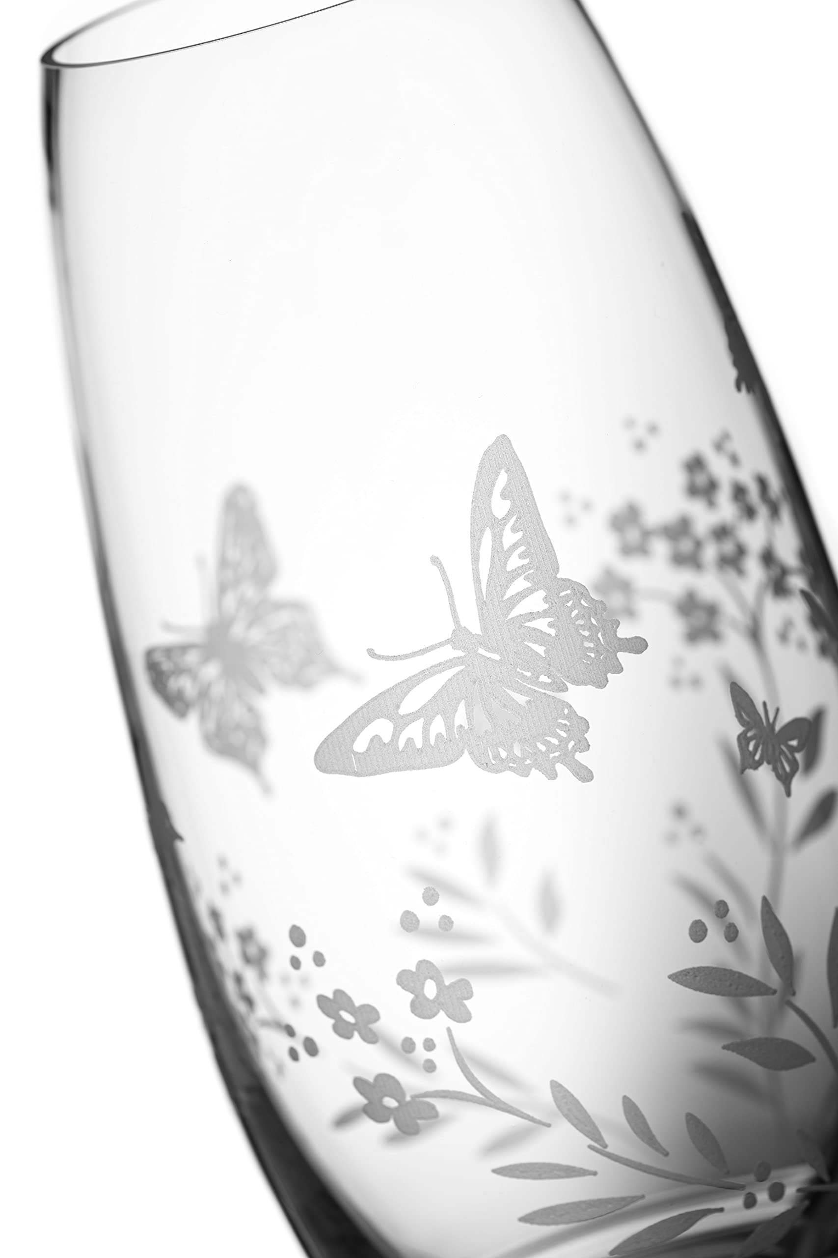 DIAMANTE 'Butterfly' Vase - Hand Etched Butterfly Wild Flowers Floral Pattern Barrel Vase - 25cm Clear