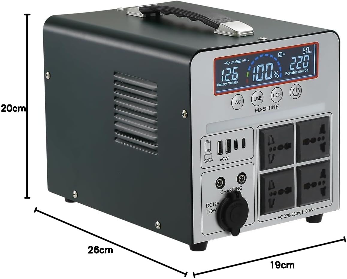 Power Station 1000W/666Wh, Mashine Portable Rechargeable Generator Inverter for Camping, RVs, Drones, Outdoor Lighting, with 4 AC Outlets and 4 USB Ports
