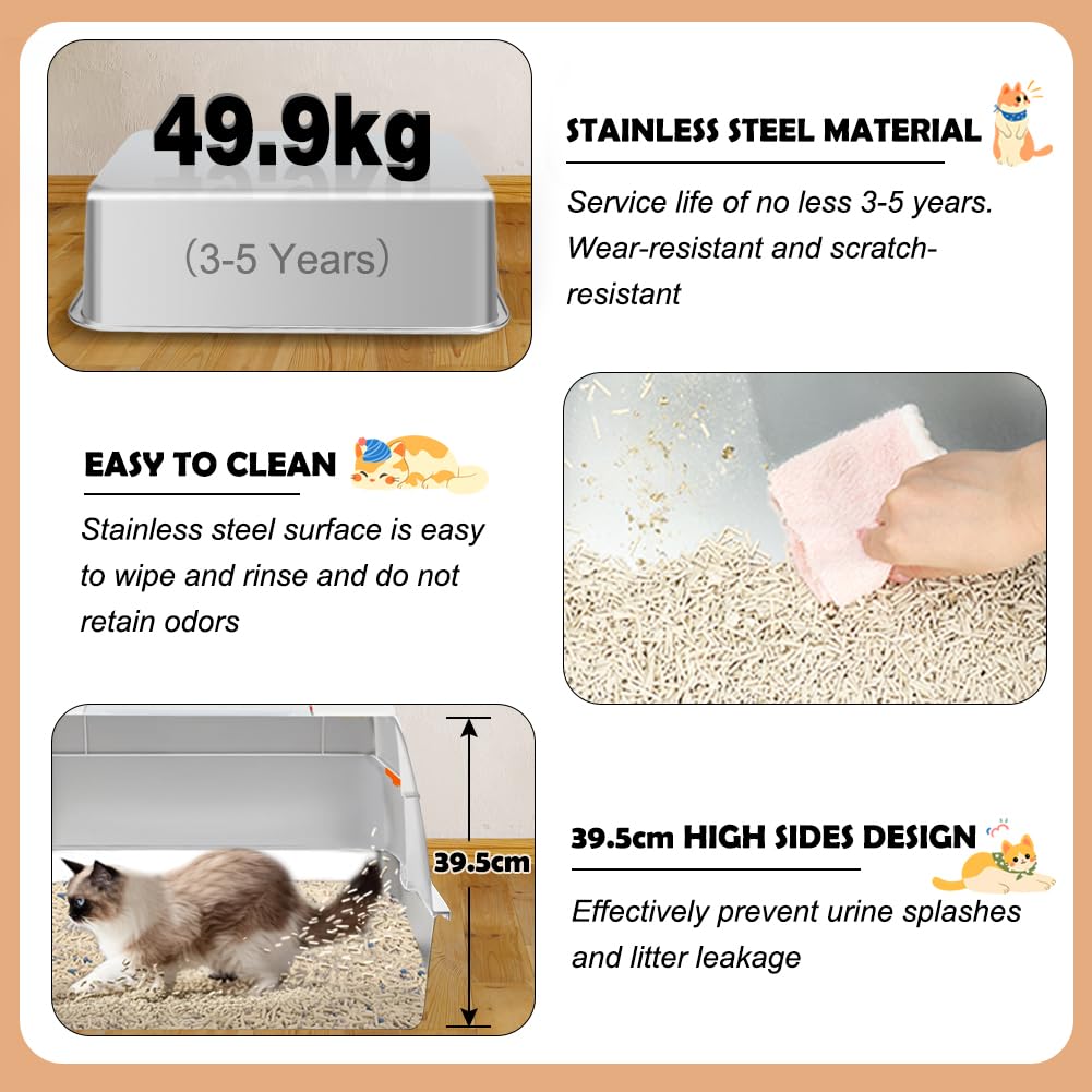 Vivifying Enclosed Stainless Steel Cat Litter Box with Lid, High-Sided, Removable and Metal Leak-Proof Stainless Steel Cat Litter Tray with Scoop, Steps and Mat (Black)