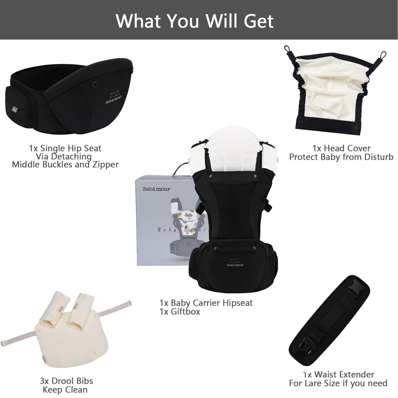 Bebamour Baby Carrier Newborn to Toddler Baby Carrier Hipseat 0-36Months with Head Hood, 3 PCS Teething Pads, Waist Extender, Grey