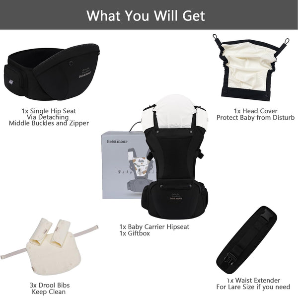 Bebamour Baby Carrier Newborn to Toddler Baby Carrier Hipseat 0-36Months with Head Hood, 3 PCS Teething Pads, Waist Extender, Grey