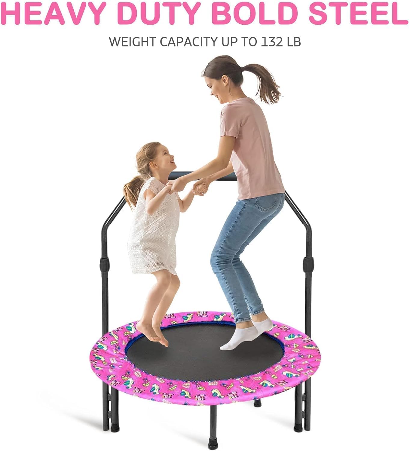 36'' Kids Trampoline Body Coordination with Adjustable Handle Back Panel Foldable Mini and Safety Padded Cover Trampoline Indoor and Outdoor Exercise