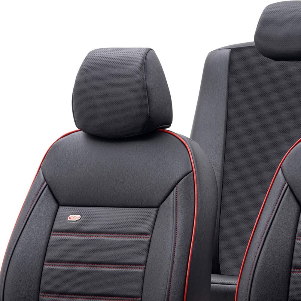 otoM Universal Full-Leather Seat cover set 'Premium' Black + Red trim - 11-pieces - compatible with Side-Airbags