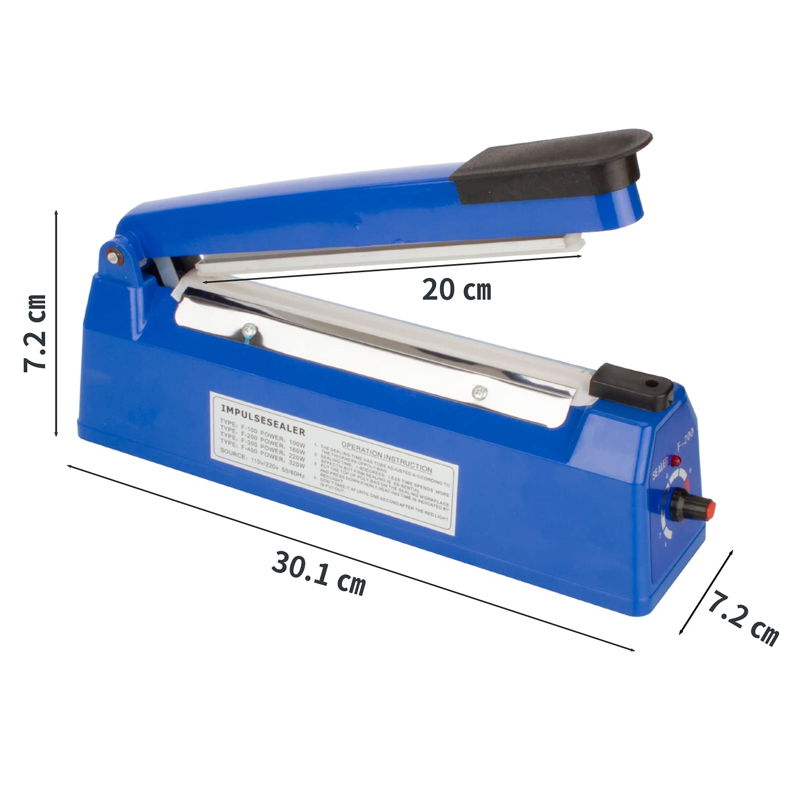 Heat Sealer, Impulse Plastic Bag Sealer, Manual Seal Food Packing Machine, Heat Sealing Applicable with Replacement Kit, Metal/ABS 350W (Blue, 8")