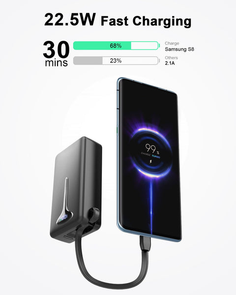 Power Bank Fast Charging, 22.5W Portable Charger 10000mAh, Small Battery Pack USB-C In & Out, Lightweight Powerbank with Built in Cable for iPhone 16/15/14/13/12, Samsung Galaxy, Xiaomi, Android etc