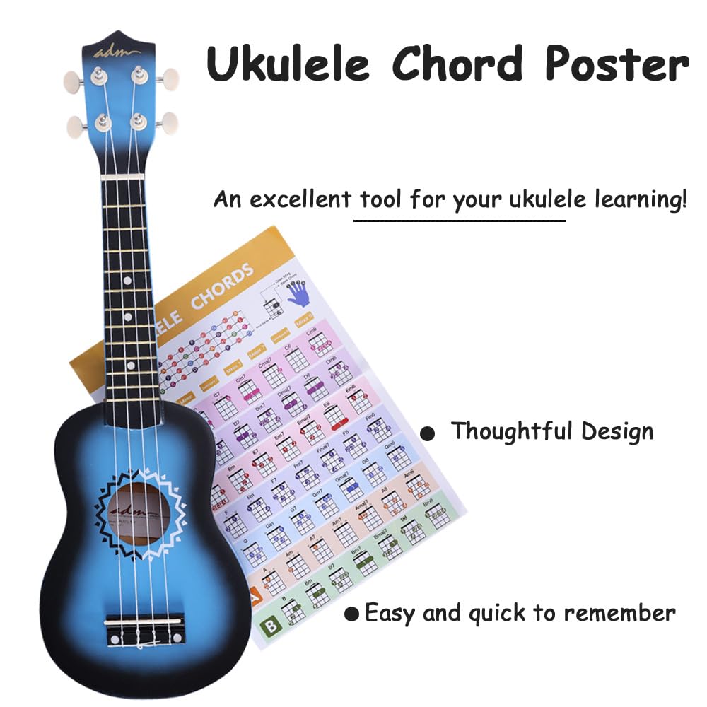 ADM Soprano Ukulele Set for Kids and Beginners, Ukulele Starter Kit with Bag, Clip-On Tuner, Rainbow Strings, Colourful Strap, Plectrum, Fingerboard Sticker, Chord Card (Dark Blue)