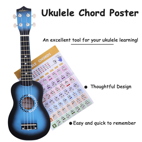 ADM Soprano Ukulele Set for Kids and Beginners, Ukulele Starter Kit with Bag, Clip-On Tuner, Rainbow Strings, Colourful Strap, Plectrum, Fingerboard Sticker, Chord Card (Dark Blue)
