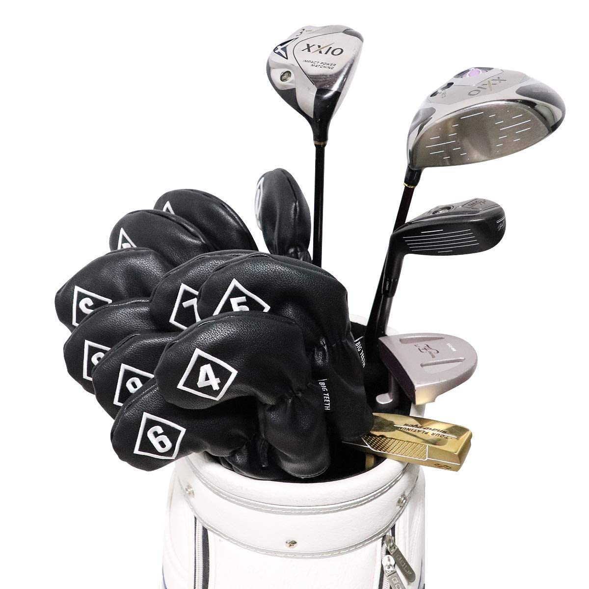BIG TEETH Golf Iron Head Covers Headcovers 10Pcs/set 4-9,P,A,S,X Club Protector Elastic Long Neck with Big Number Waterproof Black PU Leather