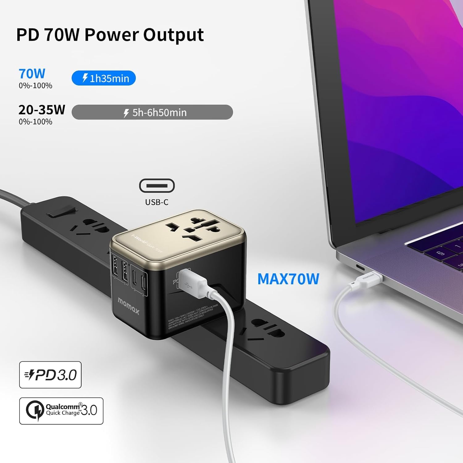 MOMAX Universal Travel Adapter,70W GaN Travel Plug Adapter with UK/EU/AU/US Plugs, 3USB-C PD & 2USB-A QC International Adapter Charger, Adapter Plug for Laptops Phones Vision Pro 1-World-Purple