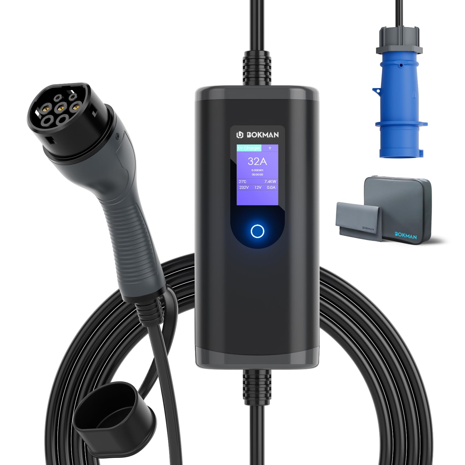 bokman EV Charger Type 2 to 3 Pin Plug, 5M / 3.3kW / 13A / IP65 Waterproof, Electric Car Charger with LED Indicators, Type 2 Charging Cable 3 Pin with Carry Bag & Microfiber Towel