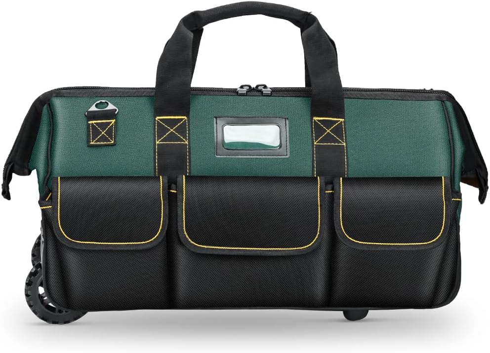 WINHUNT 22'' Rolling Tool Bag with Wheels, Adjustable Telescopic Handle Tool Bag Trolley Wide Mouth Storage Organizer, Green