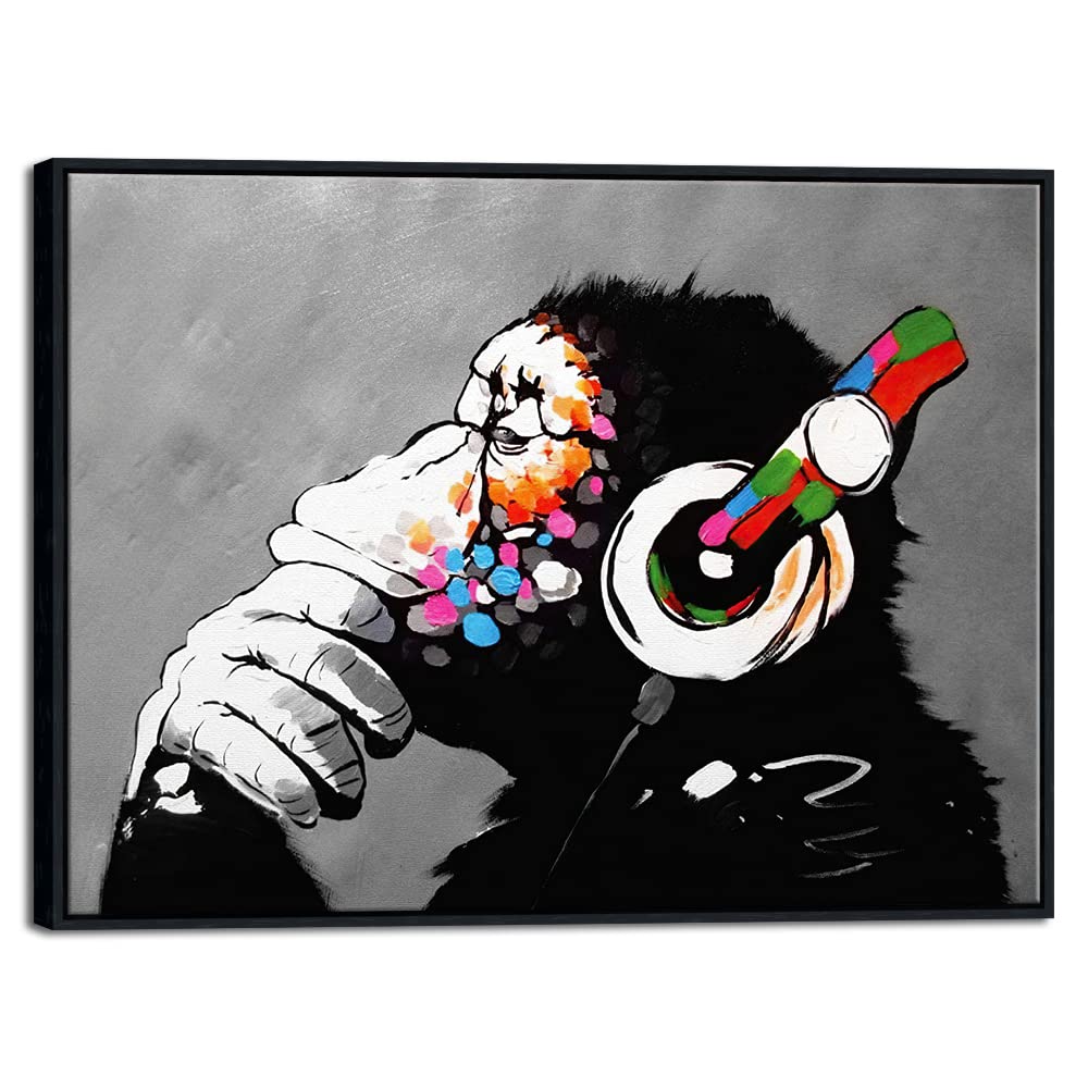Wieco Art Large Black Framed Monkey With Headphones Banksy Graffiti Art Abstract Canvas Painting for Home Decor Canvas Wall Art for Living Room