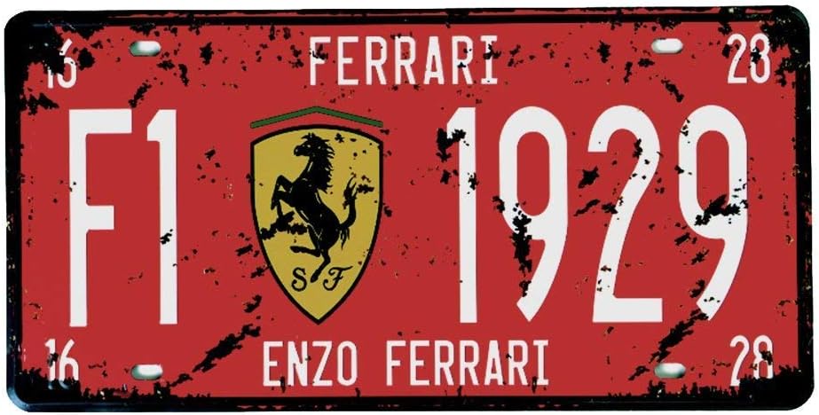 NGFR PEI's Tin Sign Ferrari F1-1929 Auto License Plate, Embossed Tag Size 6" X 12" (red-Antiqued)