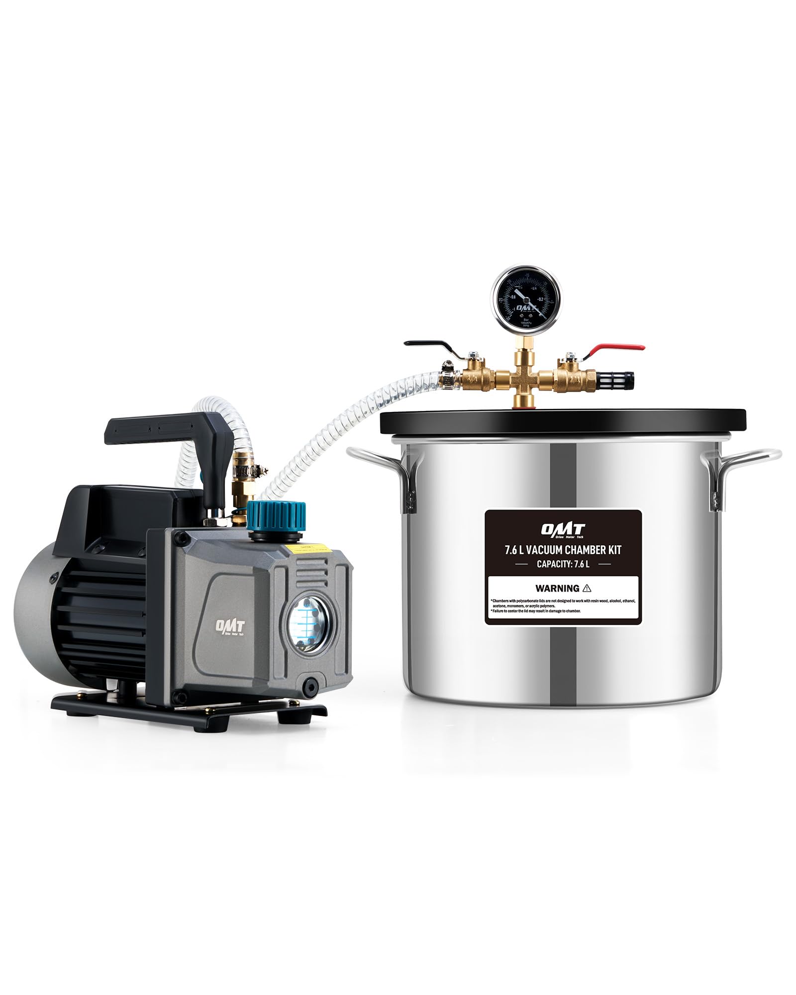 ORION MOTOR TECH 18.9 L Vacuum Chamber with Pump Kit, 3.5 cfm Vacuum Pump and Chamber Kit with Tempered Glass Lid 1.5 m Hose, Vacuum Degassing Chamber Kit for Stabilizing Wood Degassing Silicone Resin