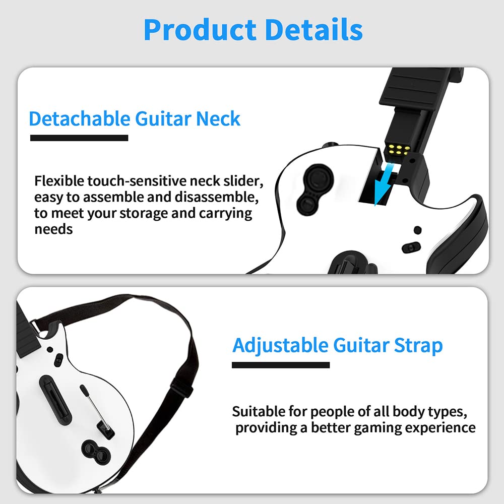 NBCP Wireless Guitar Controller for PC & PS3 - Guitar Hero 3/4/5 & Rock Band 1/2 Games - With Straps & Wireless Dongle, White
