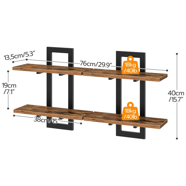 HOOBRO Floating Shelves, Wall Shelves Set of 2, Wall Mounted Storage Shelves 2-Tier, Wall Display Racks, Hanging Bathroom Shelves, for Kitchen, Living