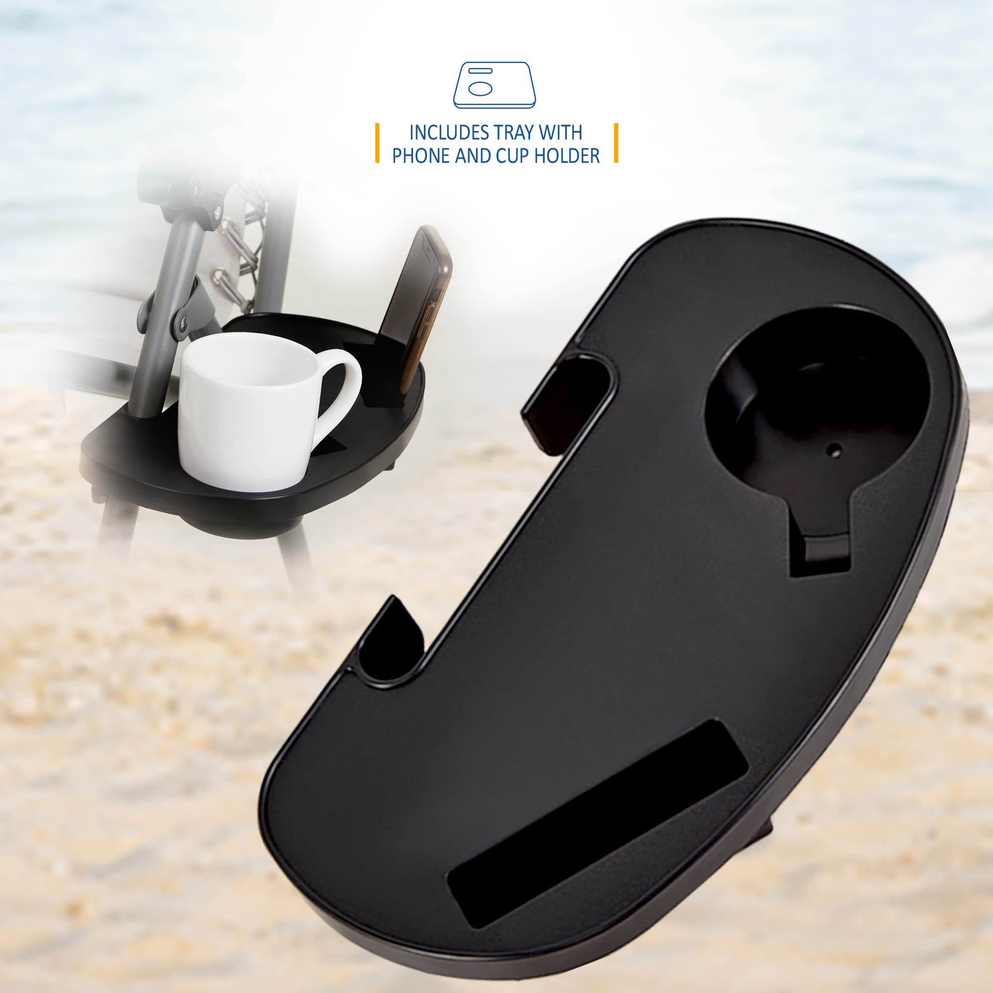 Set of 2 Sun Lounger Garden Chairs With Cup And Phone Holder | Adjustable Headrest Pillow | Deck Folding Recliner Zero Gravity Outdoor Chair - Black