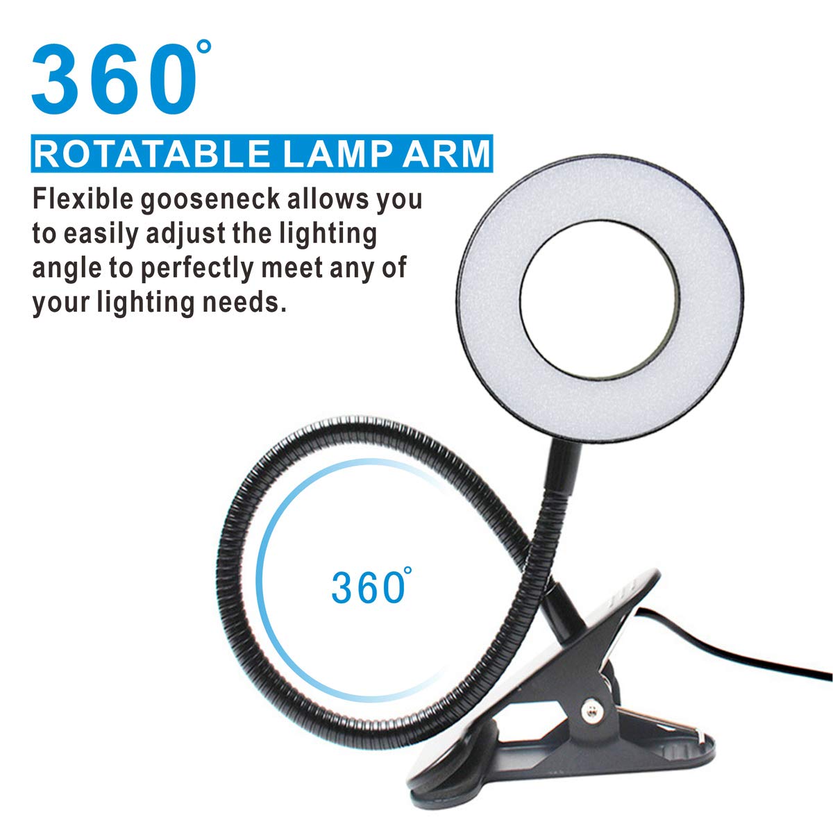 KNAMKY USB LED Desk Lamp Clip On Light, 3 Light Mode 10 Dimmable Brightness Eye Caring Book Adjustable for Reading Studying Working Video Conference Lighting (Black)