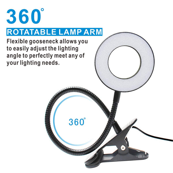 KNAMKY USB LED Desk Lamp Clip On Light, 3 Light Mode 10 Dimmable Brightness Eye Caring Book Adjustable for Reading Studying Working Video Conference Lighting (Black)