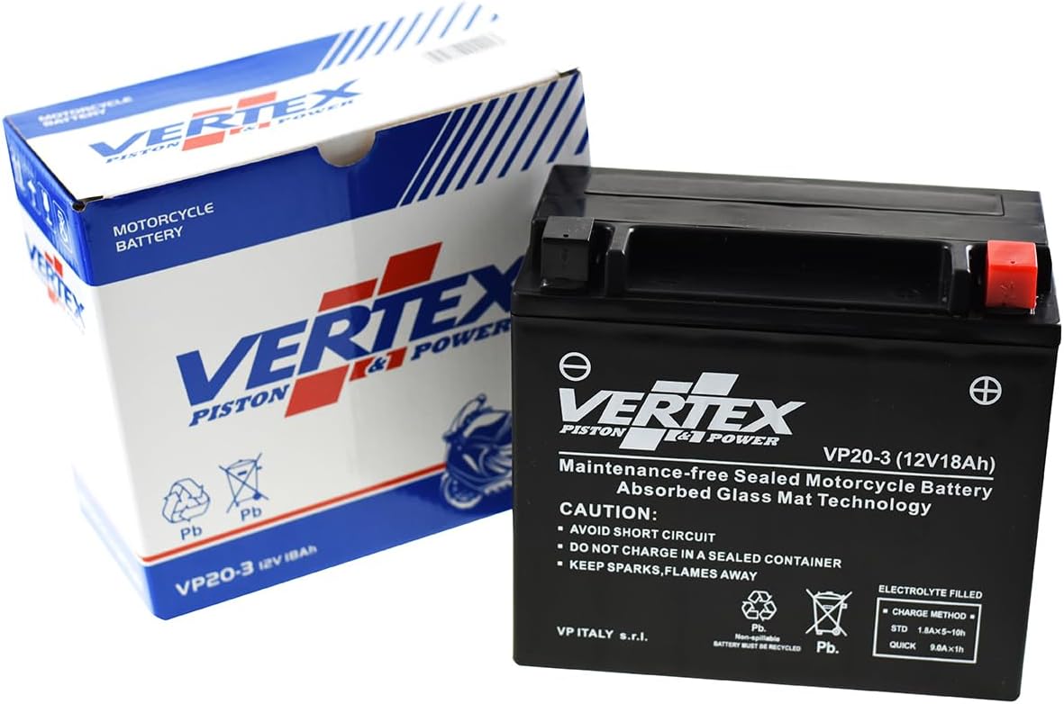 Vertex VP20-3 Sealed AGM Motorcycle Battery, 12V, 18Ah, CCA (-18) 270, Compatiable with: CTX20L-BS/CTX20HL-BS, Perfect battery for Motorcycle, ATV's, Personal Watercraft and Snowmobiles