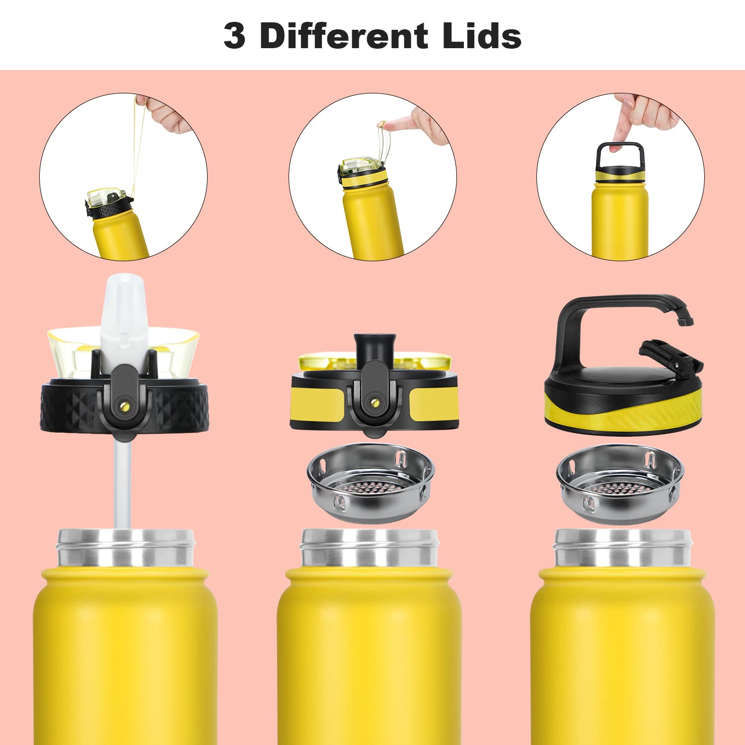 OLDLEY Stainless Steel Water Bottle with Straw 1L Vaccum Insulated Large Drink Flask Metal Water Bottles 1 Litre Leakproof Keep Drinks Hot Cold for Sports Gym with Different Lids(Purple Green, 3 Lids)