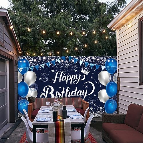 Happy Birthday Banner - 1.1 x 1.8m Blue Silver Backdrop, Decorations for Boys & Girls, Perfect for Birthday & Anniversary Parties