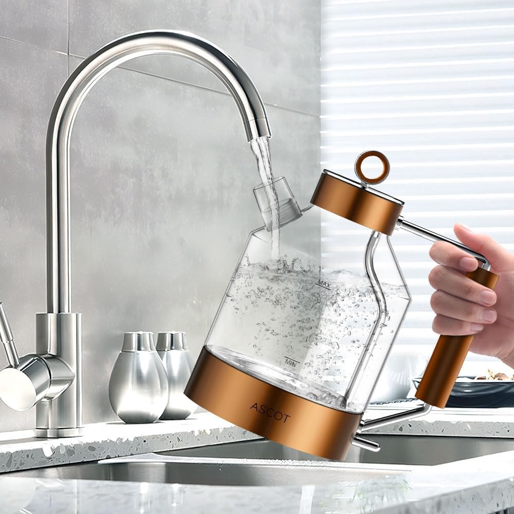 Electric Kettle, ASCOT Glass Electric Tea Kettle 1.5L 2200W Tea Heater & Hot Water Boiler, Borosilicate Glass, Auto Shut-Off and Boil-Dry Protection