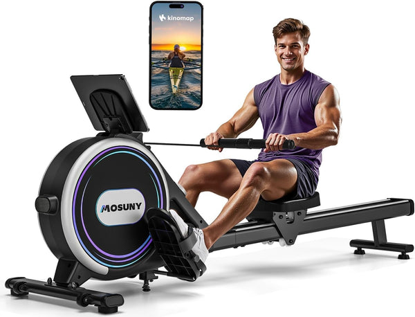 Rowing Machine, MOSUNY Ultra-Quiet Magnetic Rowing Machines for Home Gym with 16/32 Level Resistance & App Support, Upgrade Smooth Double Glide System, 350LBS Capacity Foldable Rower with LCD Monitor