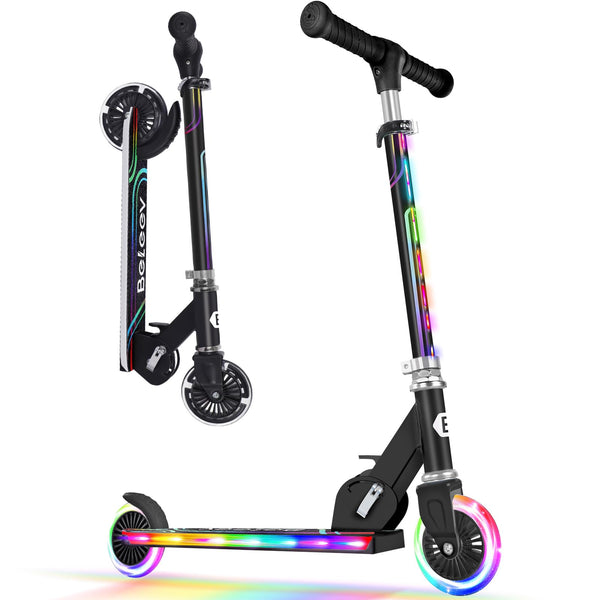 BELEEV V2 Scooters for Kids with Light-Up Wheels & Stem & Deck, 2 Wheel Folding Scooter for Girls Boys, 3 Adjustable Height, Non-Slip Pattern Deck,