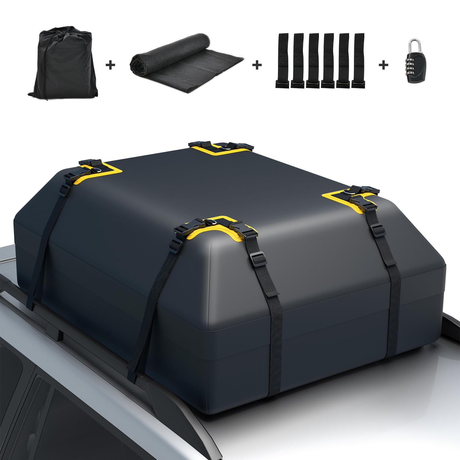 COSTWAY 15/21 Cubic Feet Car Roof Bag, 100% Waterproof Roofing Cargo Carrier with Anti-Slip Mat, Combination Lock & Straps, Rooftop Luggage Storage Box (Black, 21 Cubic Ft/600L)