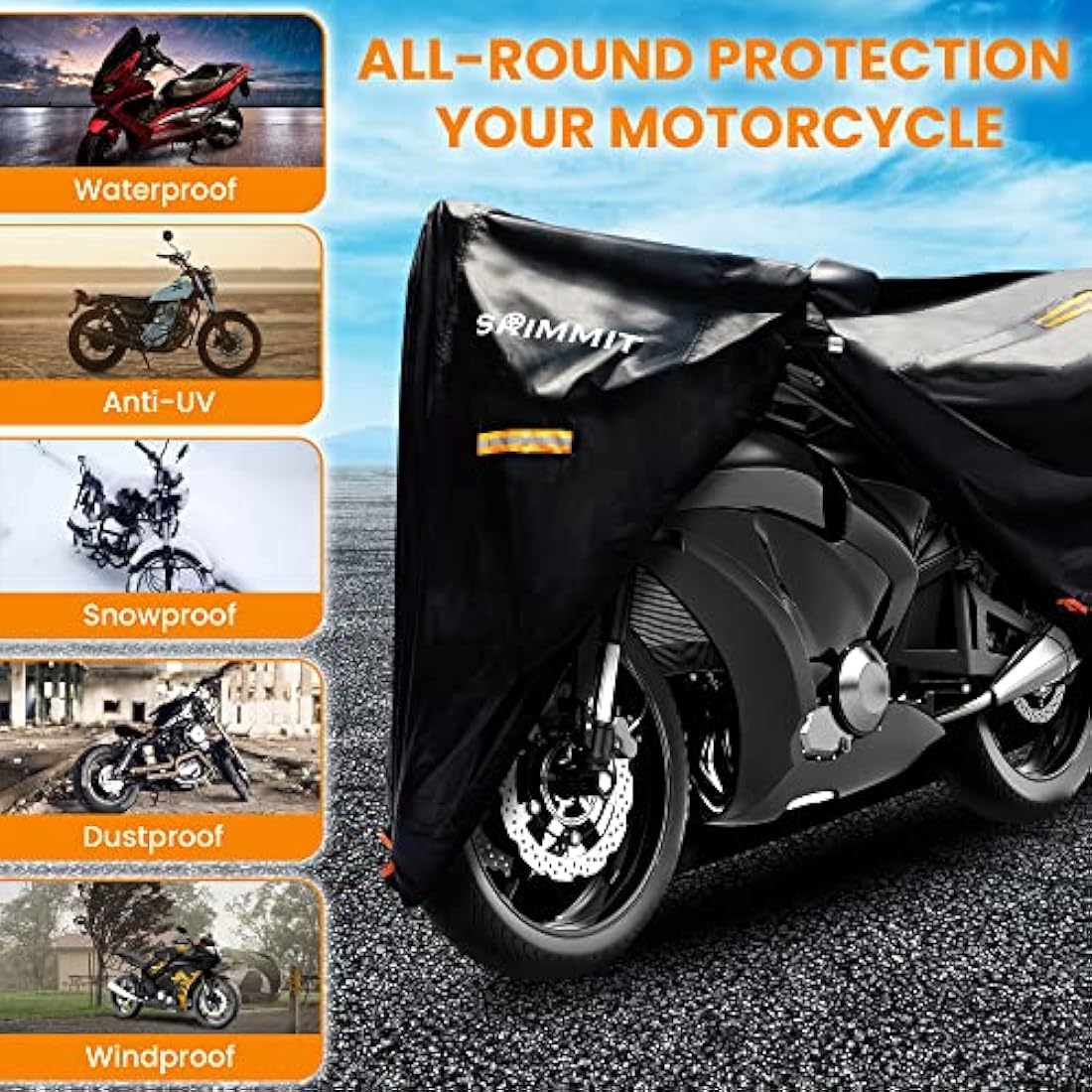 Motorcycle Cover Heavy Duty, 420D Universal Motorbike Covers, Sun,Waterproof Outdoor Protection,with License Plate Window, 4 Reflective Strips, Lock-Holes Storage Bag(L 86" x 37" x 43")