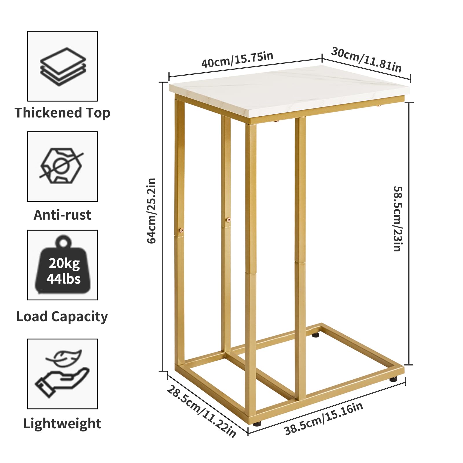 Aibiju Set of 2 C-Shaped Side Table, End Table, Sofa Side Table with Non-Slip Foot Pads for Bedroom, Living Room, Office, White Faux Marble and Gold
