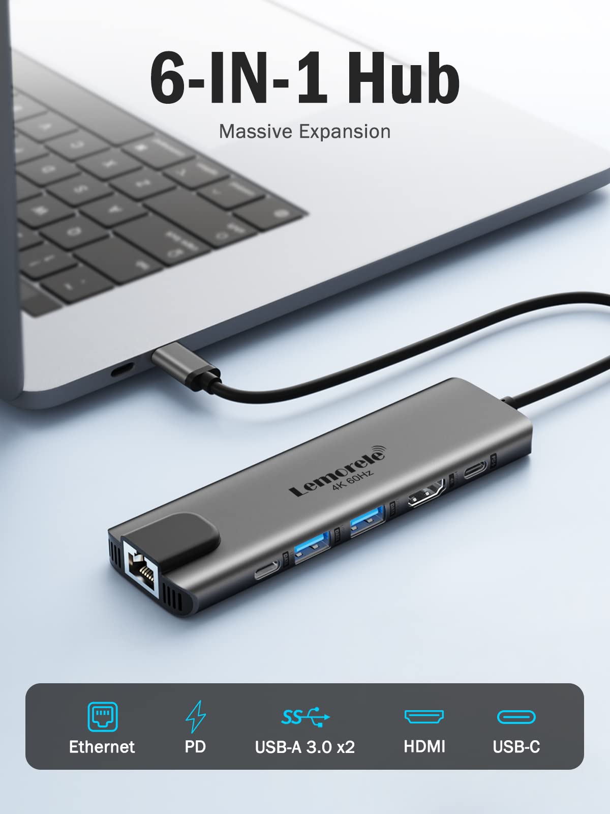 Lemorele 6-in-1 USB C Hub with 4K HDMI, Ethernet, 2 USB Ports, 100W PD Charging for MacBook Pro/Air M1, iPad Pro M1, Switch, Chromecast, PS4