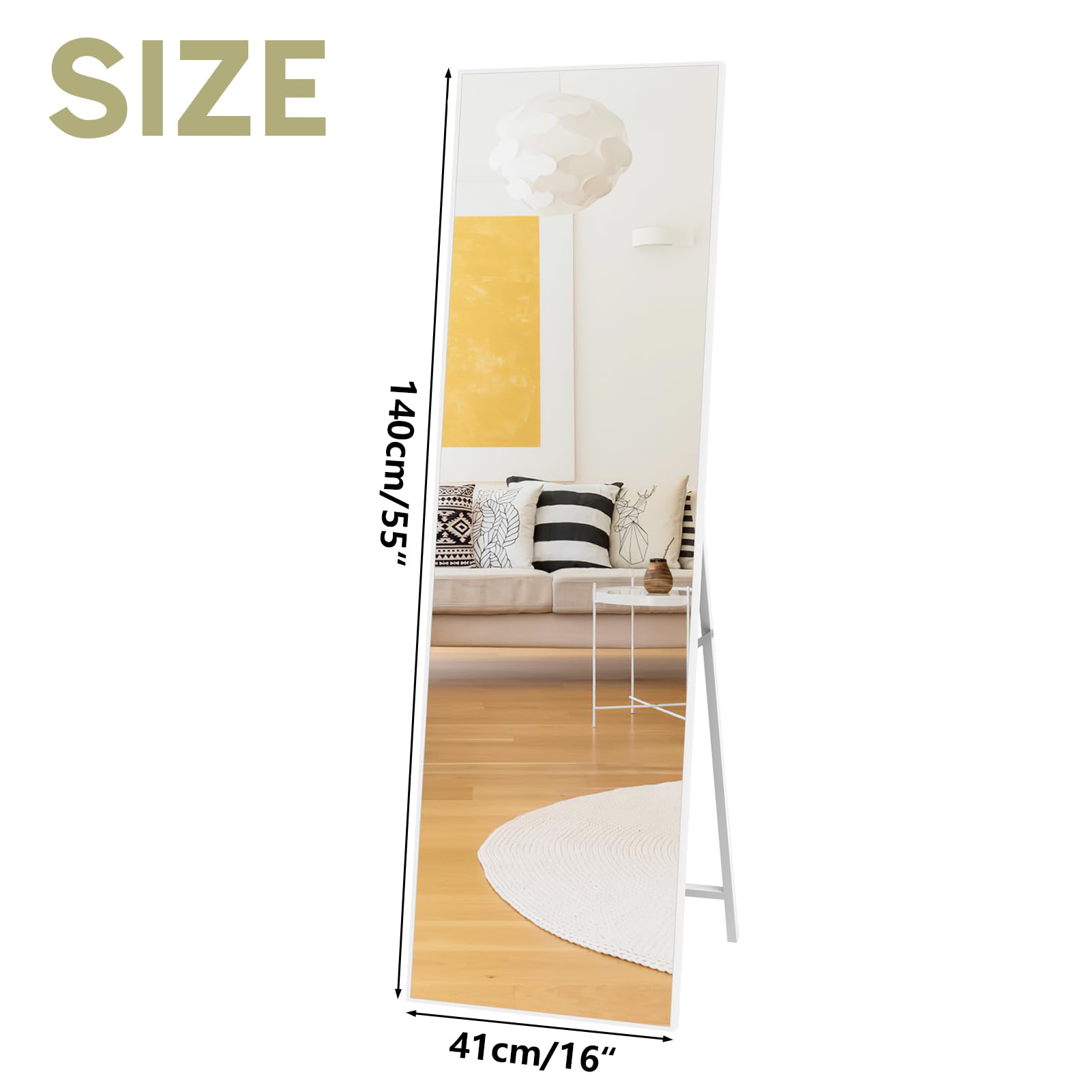 Hoikwo Full Length Mirror 55.12x16.15 inches,Standing Mirror 140x41cm with White Frame for Bedroom, Living Room or Bathroom